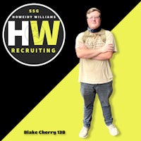 a man standing in front of a yellow and black background with the words hw recruiting